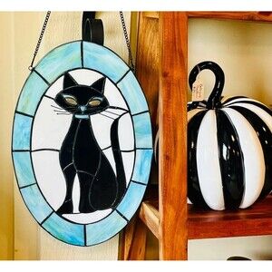 17” Black Cat Stained Glass Window Panel MCM Style